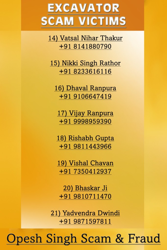 Excavator scam victims — list of names and numbers